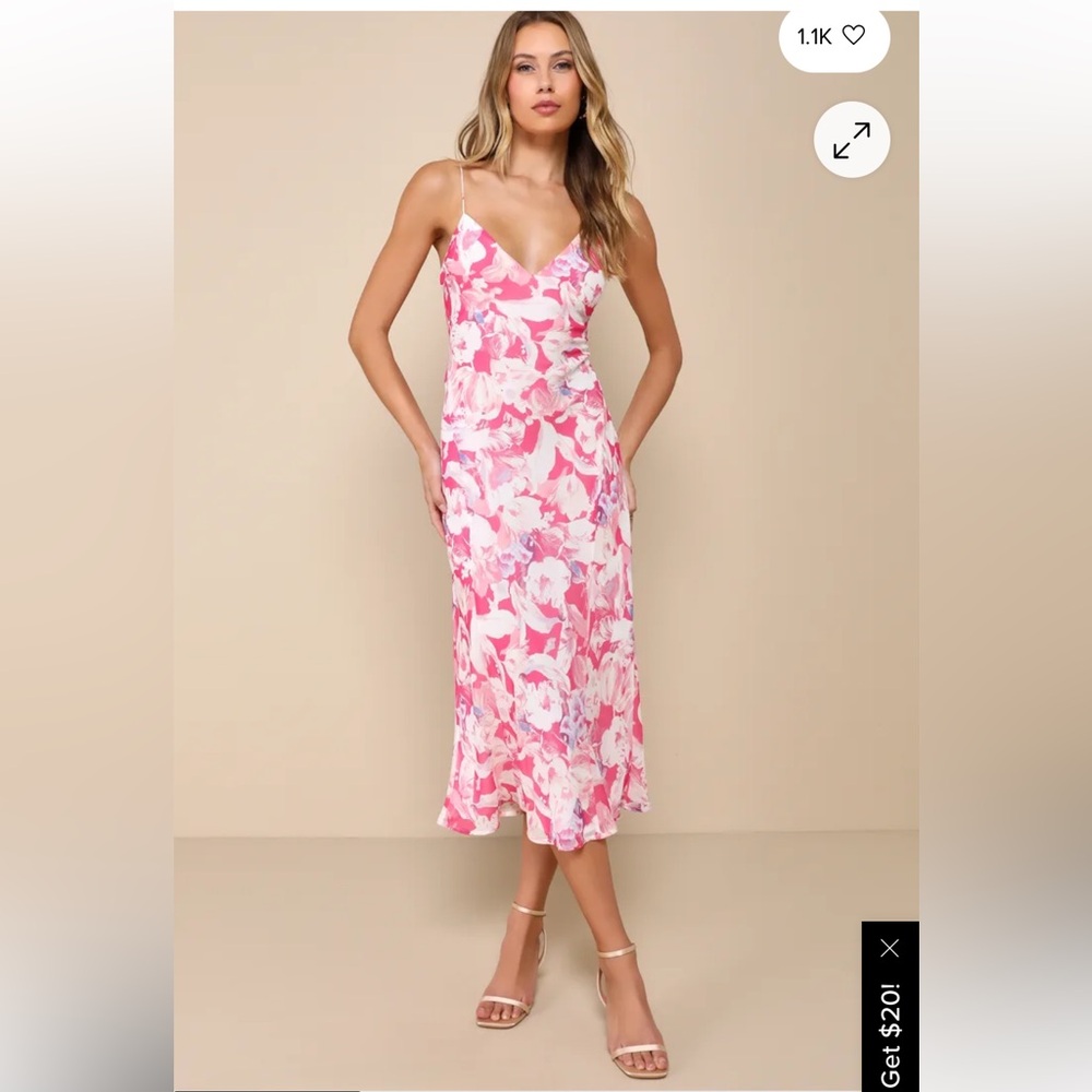 Lulu's Radiant Confidence Hot Pink Floral Chiffon Lace-Up Midi Dress large